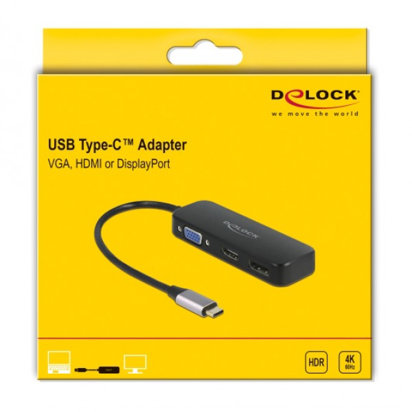 DELOCK αντάπτορας USB-C σε VGA/HDMI/DisplayPort 64156, 4K, 20cm, μαύρος