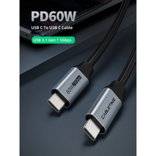 CABLETIME καλώδιο USB-C CMCM60, 60W PD, 5Gbps, 4K, 1m, μαύρο